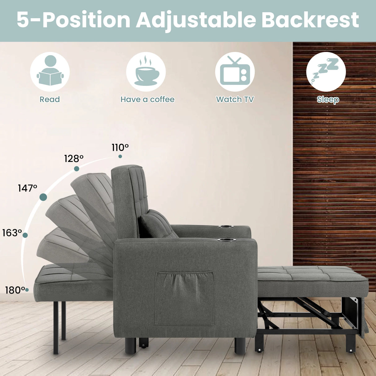 BukkitBow 4-in-1 slaapstoel met bekerhouders, verstelbare rugleuning en comfortabele ligstoel in rustgevende setting