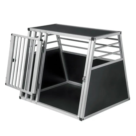 BukkitBow aluminium MDF hondentransportbox met trapeziumvorm en volledige ventilatie, zilver of zwart, 65x65x80cm.