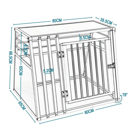 BukkitBow aluminium MDF hondentransportbox met trapeziumvorm, volledige ventilatie, zilver of zwart, 65x65x80cm, geschikt voor reizen.