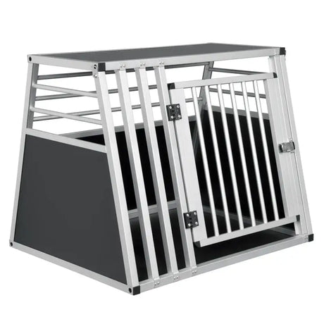 BukkitBow aluminium MDF hondentransportbox in trapeziumvorm, volledig geventileerd, zilver of zwart, 65x65x80cm.