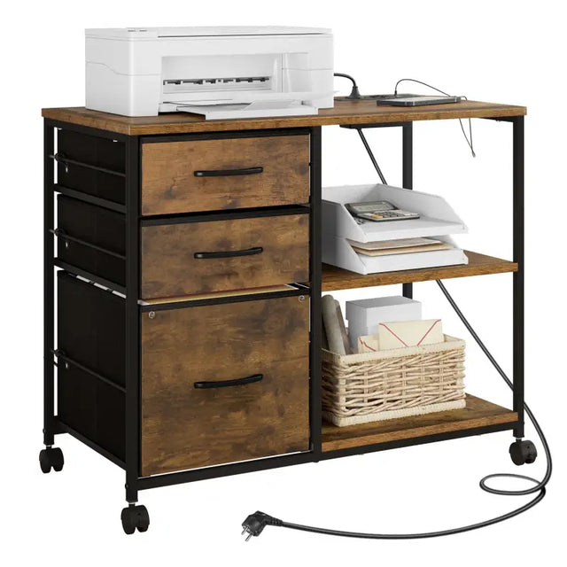 BukkitBow archiefkast met laadstation en stopcontact, mobiele metalen en houten rolcontainer voor documenten en apparatuur.
