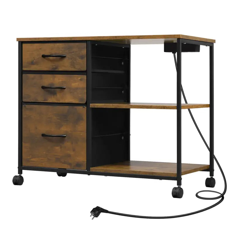 BukkitBow archiefkast met laadstation en stopcontact, mobiele metalen en houten rolcontainer voor documenten en kantoorbenodigdheden.
