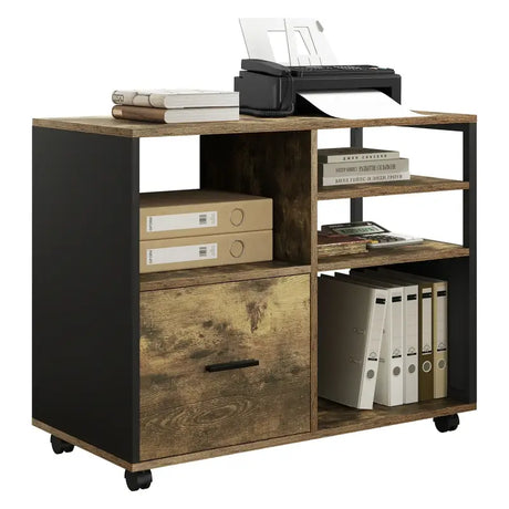 BukkitBow archiefkast met wieltjes, industrieel zwart metalen frame en vintage bruine houten afwerking, geschikt als printerkast of kantoorkast.