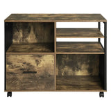 BukkitBow archiefkast met industrieel zwart metalen frame en vintage bruine houten laden, op wieltjes voor kantooropslag.