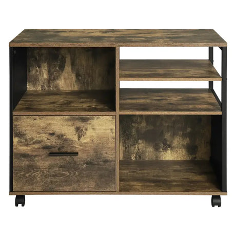 BukkitBow archiefkast met industrieel zwart metalen frame, vintage bruin houten afwerking, op wieltjes voor kantooropslag en printer.