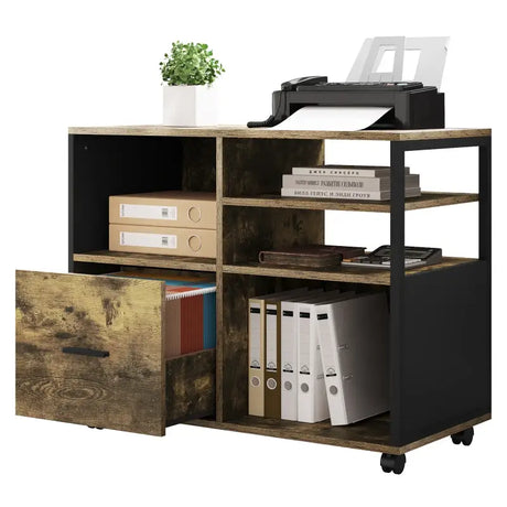BukkitBow archiefkast met industrieel zwart metalen frame en vintage bruine houten deuren, op wieltjes voor kantooropslag.