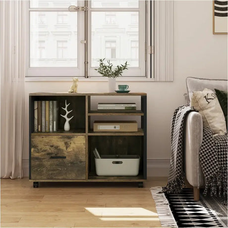 BukkitBow archiefkast met industrieel zwart metalen frame, vintage bruine houten deuren, op wieltjes, kantoorkast en printerkast