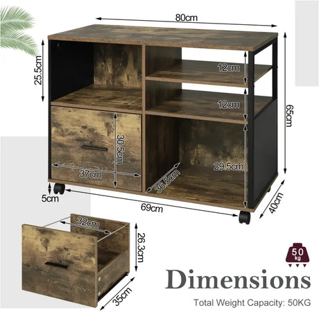 BukkitBow archiefkast met industriele look, zwart metalen frame en vintage bruine houten panelen, geschikt als printer- of archiefkast.