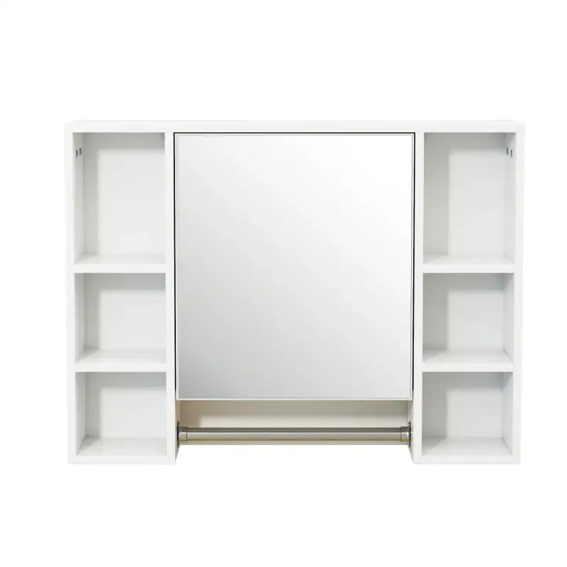 BukkitBow badkamermeubel met spiegel, handdoekhouder en verstelbare plank, afmeting 80x20x60cm, zwart houtlook.