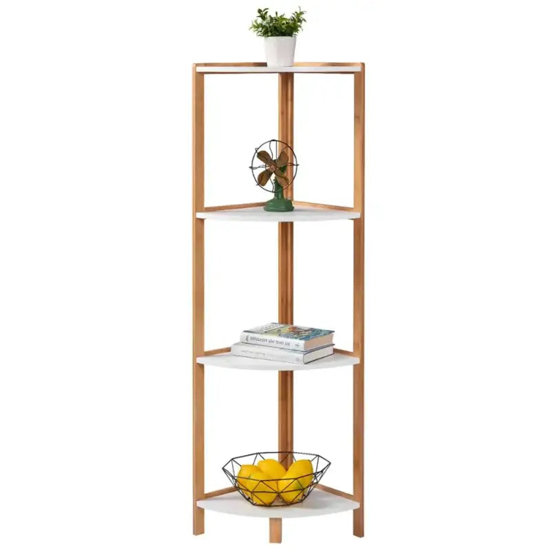 BukkitBow bamboe hoekkast met 4 niveaus, handdoekenkast en boekenkast, afmetingen 30x30x115cm, handdoekenrek in natuurlijke stijl