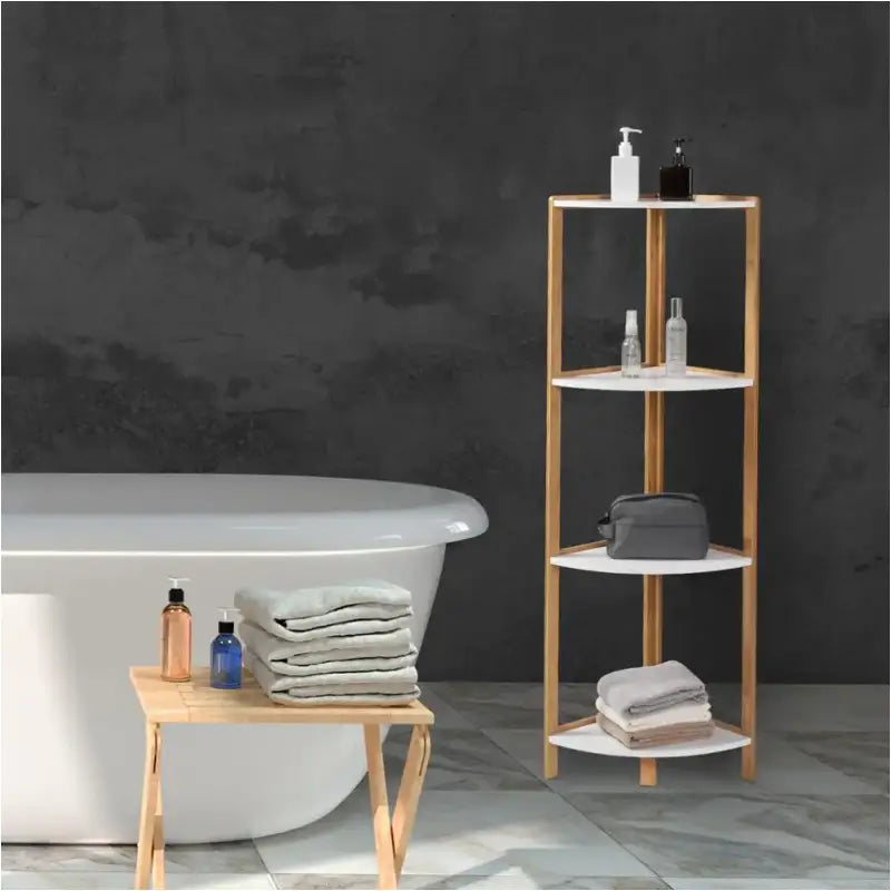 Bamboo BukkitBow hoekkast met 4 niveaus, handdoekenkast en boekenkast, 30x30x115cm, natuurlijke bamboe afwerking.