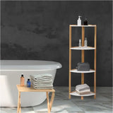 Bamboo BukkitBow hoekkast met 4 niveaus, handdoekenkast en boekenkast, 30x30x115cm, natuurlijke bamboe afwerking.
