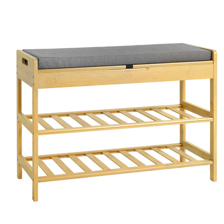 Bamboo schoenenrek van BukkitBow met zitting en opbergvak, natuurlijk afgewerkt, geschikt voor het organiseren van schoenen en accessoires.