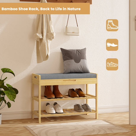 BukkitBow bamboe schoenenrek met zitting en opbergvak, natuurlijk afgewerkt, geschikt voor het ordenen van schoenen en accessoires.