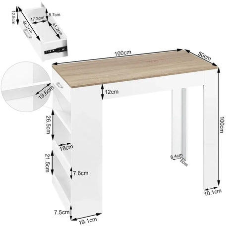 Stevige houten BukkitBow bartafel met opbergruimte, lade en ingebouwd wijnrek, afmetingen 100x100x50cm, geschikt voor bar of eetruimte