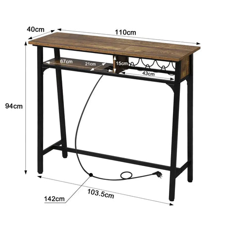 BukkitBow bartafel met oplaadstation en wijnrek, metalen frame met vintage houten look, afmetingen 110x94x40 cm, 50 kg laadvermogen