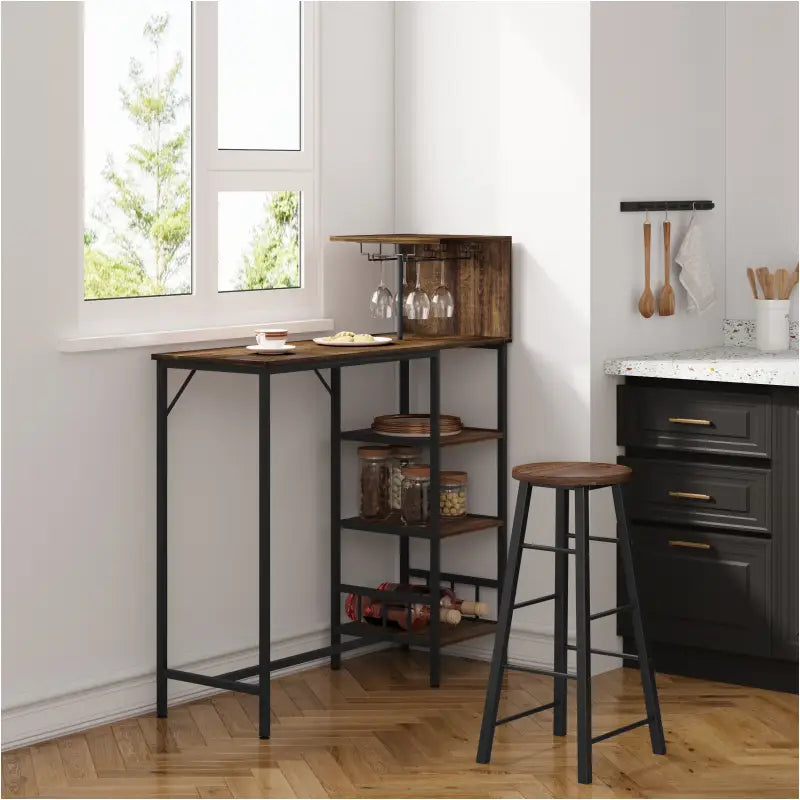 BukkitBow bartafel met houten planken en opbergruimte voor glazen, moderne bartafel voor thuis of café.