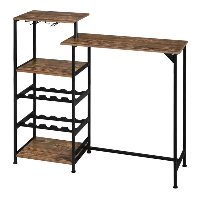 BukkitBow bartafel met houten planken, opbergruimte voor glazen en ingebouwd wijnrek, ideale eettafel voor bar of keuken.