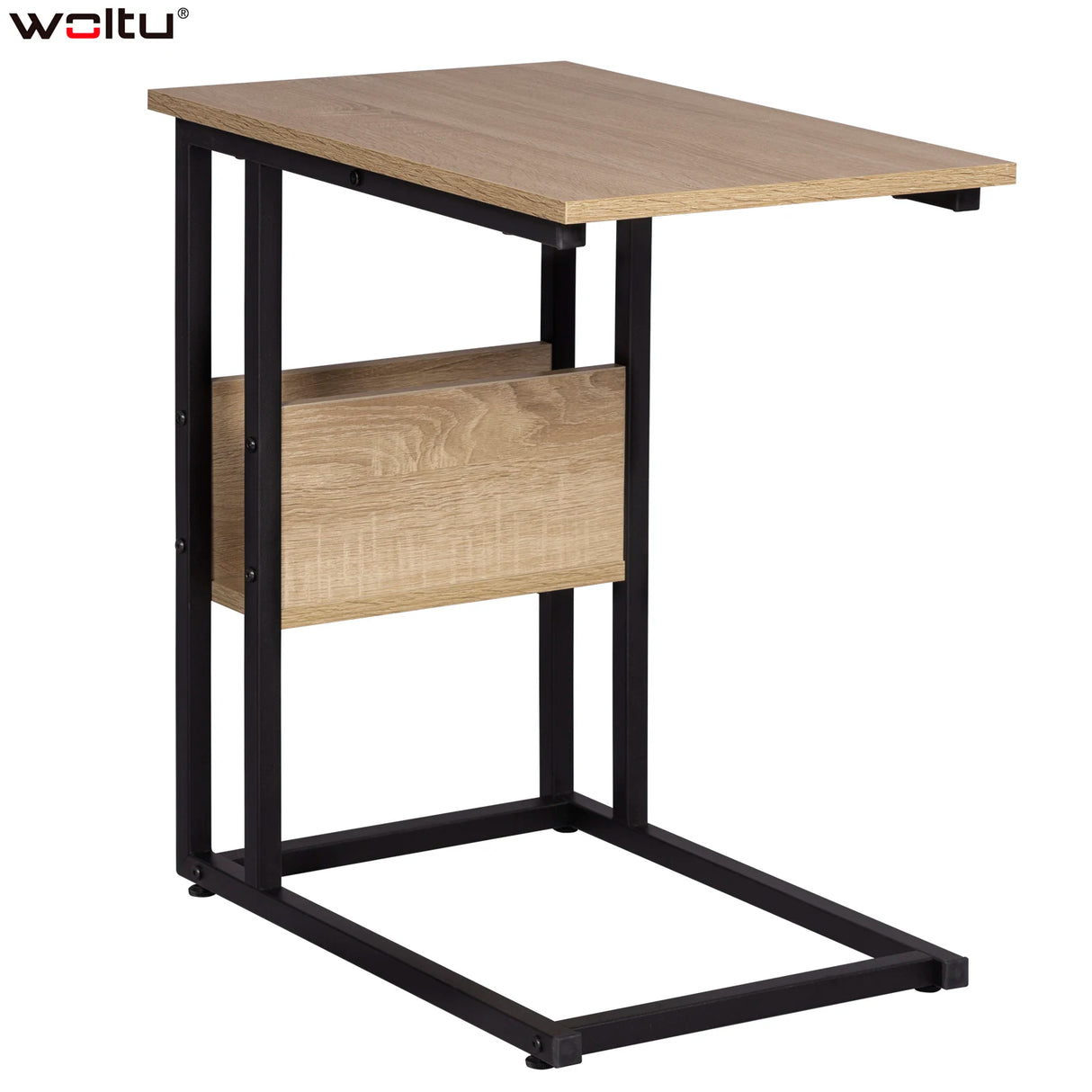 Industriele BukkitBow bijzettafel met opbergplank, zwart metalen frame en houten blad, modern en functioneel design