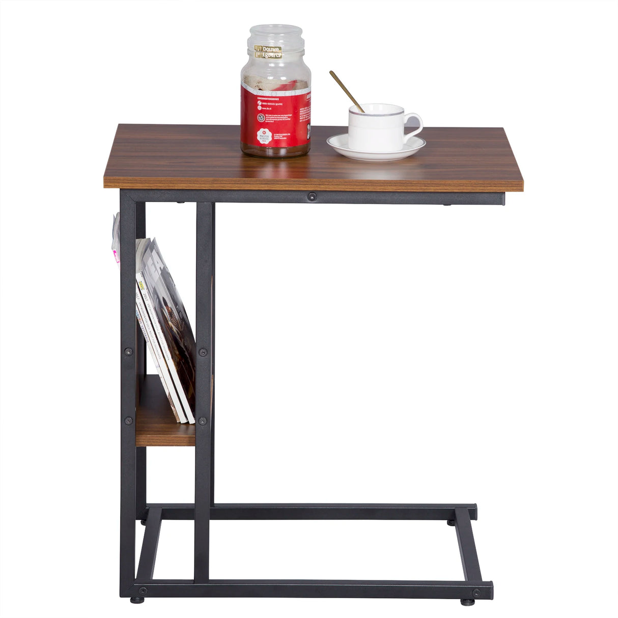 Industriele BukkitBow bijzettafel met opbergplank, zwart metalen frame en houten blad, geschikt voor woonkamer of slaapkamer