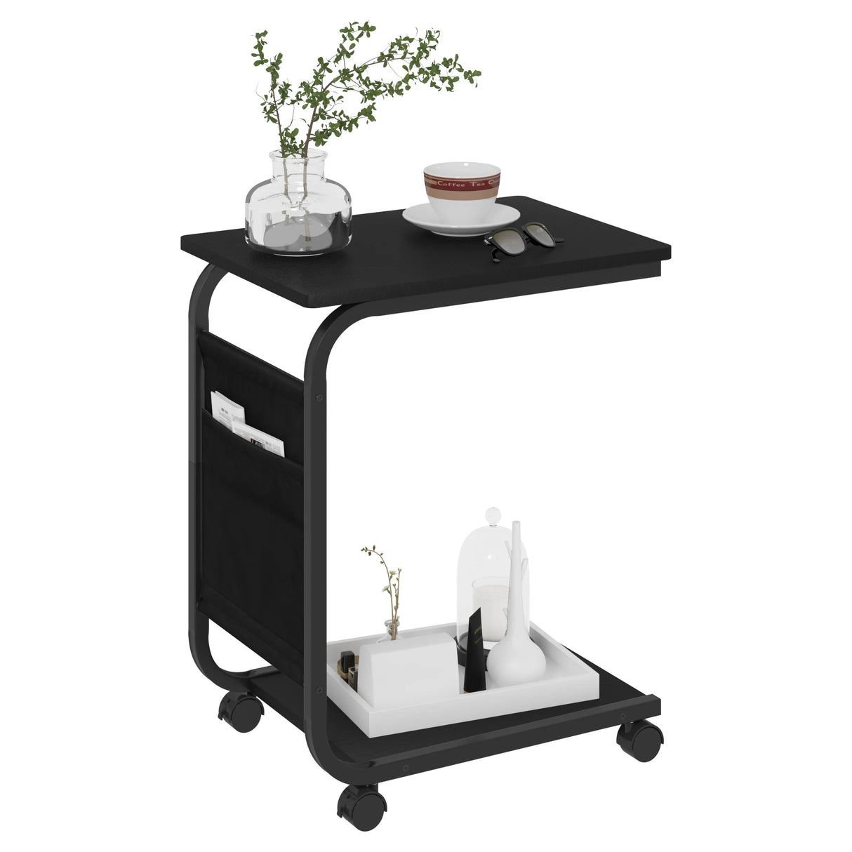 BukkitBow bijzettafel op wielen van metaal in C-vorm met twee planken, modern en functioneel design.