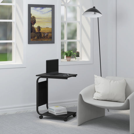 BukkitBow bijzettafel op wielen met metalen C-vorm en twee houten bladen, ideaal voor woonkamer of slaapkamer.