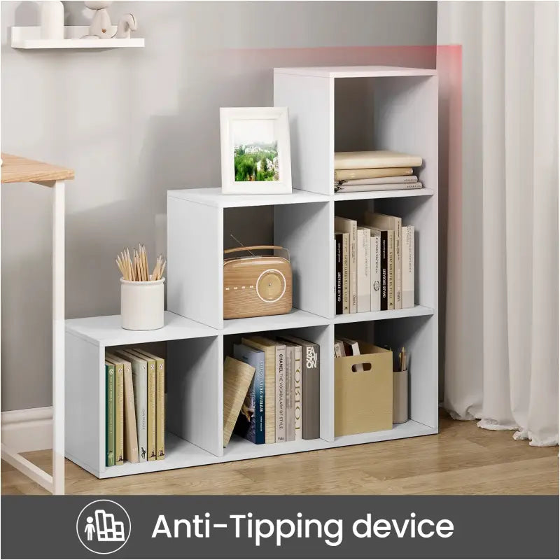Witte BukkitBow boekenkast met 3 niveaus en 6 vakken, kubusplanken en archiefkast voor boeken en interieur.