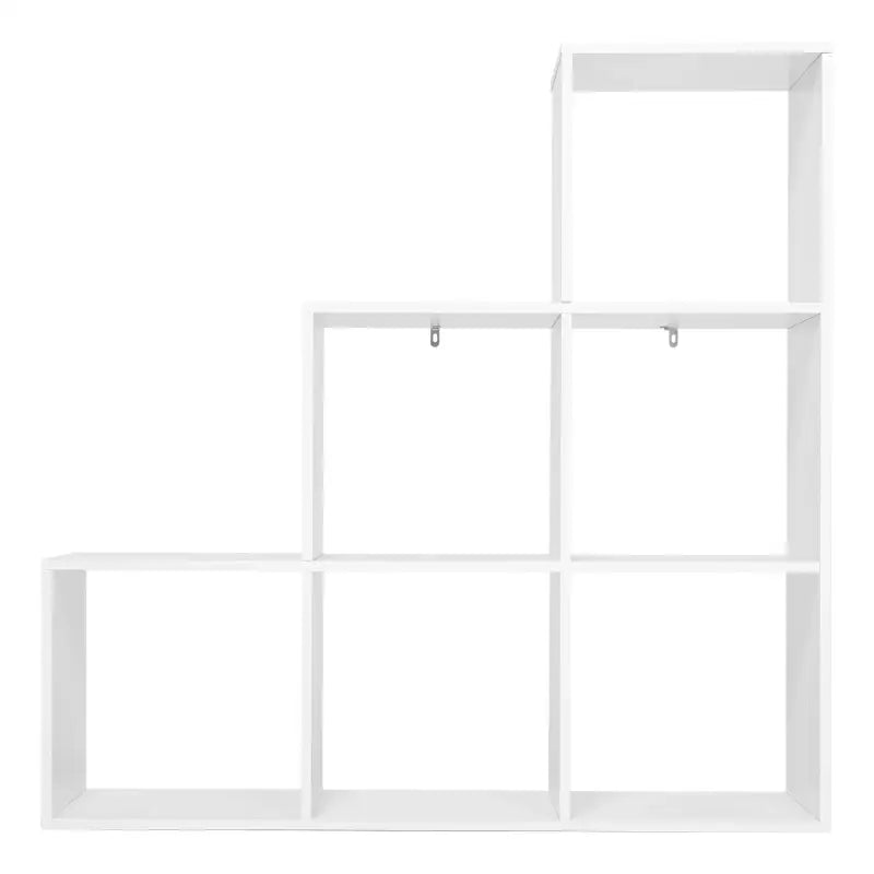 Witte BukkitBow boekenkast met 3 niveaus, 6 vakken en kubusplanken voor opslag en organisatie.