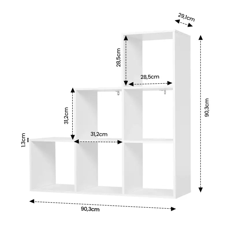 Witte BukkitBow boekenkast met 3 niveaus en 6 vakken, kubusplanken, trapkast en archiefkast voor opbergdoeleinden.