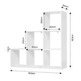 Witte BukkitBow boekenkast met 3 niveaus en 6 vakken, kubusplanken, trapkast en archiefkast voor opbergdoeleinden.