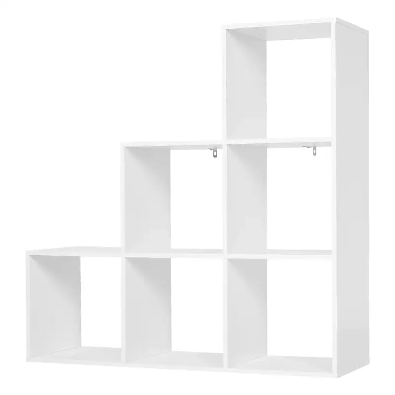 Witte BukkitBow boekenkast met 3 niveaus, 6 vakken en kubusplanken, archiefkast voor boeken en accessoires.