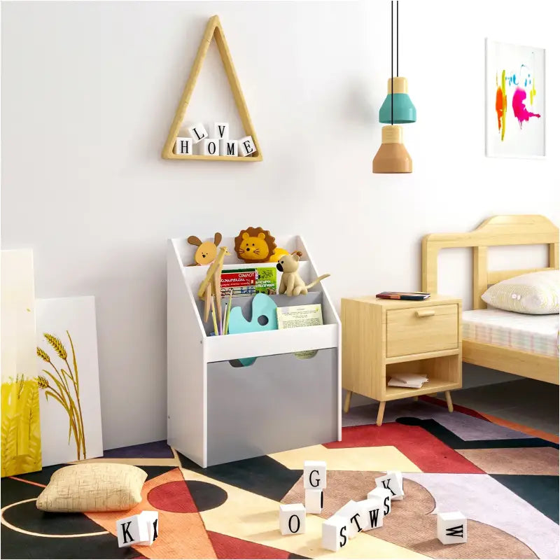 Kinderboekenkast BukkitBow met 3 planken en opbergruimte, ideaal voor kleuterschool en kinderkamer, houten displaykast voor boeken.
