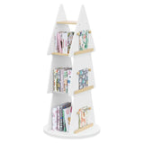 BukkitBow kinderboekenkast met 360° draaibare plank, kerstboomvorm, 4 planken, ophanghaken, in wit en bruin hout.