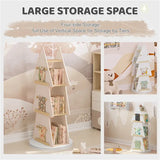 Kinderboekenkast BukkitBow met 360° draaibare plank, kerstboomvorm, 4 planken en ophanghaken, wit en bruin hout, geschikt voor kinderen.