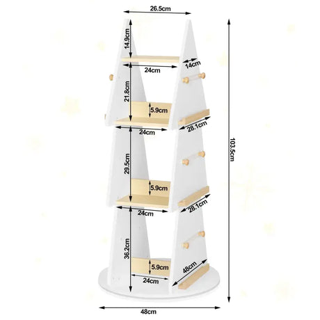 Witte en bruine kinderboekenkast van BukkitBow met 360° draaibare plank, boomvorm, vier planken en ophanghaken.