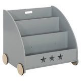 Kinderboekenkast BukkitBow met wielen, lage boekenkast met staande vakken, 57cm hoog, geschikt voor kinderen, stevige houten constructie.