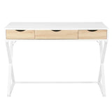 Wit BukkitBow bureau met 3 laden, hout en metaal, waterdicht en krasbestendig ontwerp, afmetingen 110x50 cm, geschikt voor kantoor.