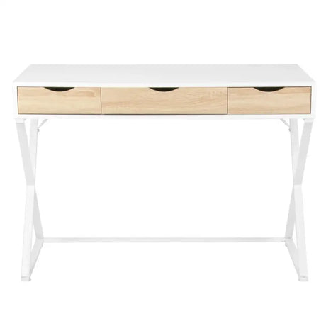 Wit BukkitBow bureau met 3 laden, hout en metaal, waterdicht en krasbestendig ontwerp, afmetingen 110x50 cm, geschikt voor kantoor.