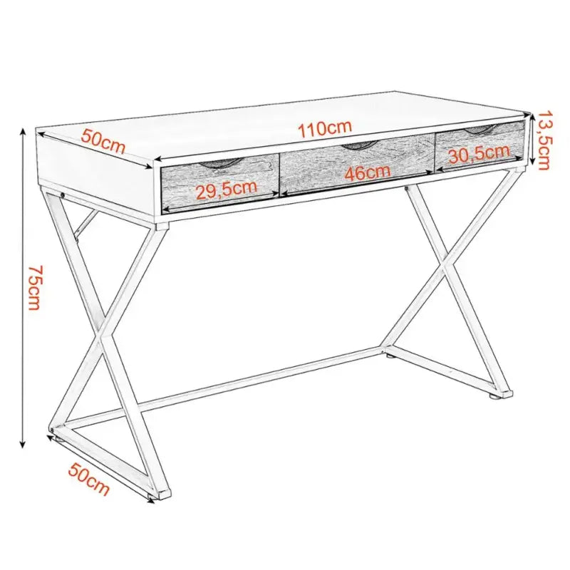 Wit BukkitBow bureau met 3 laden van hout en metaal, waterdicht en krasbestendig, afmetingen 110x50cm, stijlvolle kantoor meubel