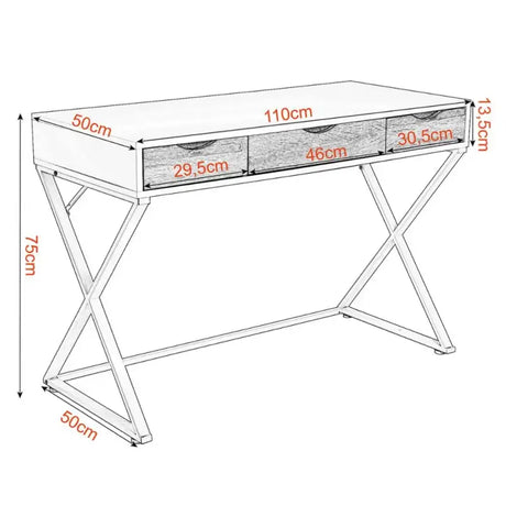 Wit BukkitBow bureau met 3 laden van hout en metaal, waterdicht en krasbestendig, afmetingen 110x50cm, stijlvolle kantoor meubel