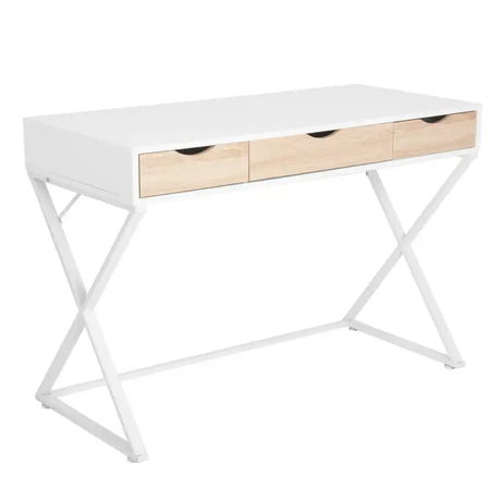 Wit BukkitBow bureau met 3 laden, hout en metaal, waterdicht en krasbestendig, afmeting 110x50cm, modern kantoormeubel
