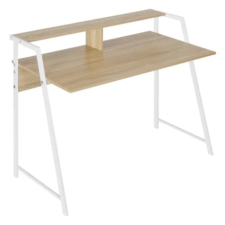 BukkitBow bureau met houten look en hoge opstapplank, afmetingen 56x115x71 cm, modern kantoormeubel met opbergruimte
