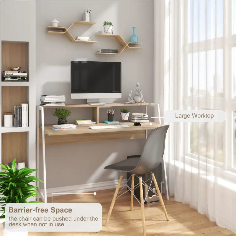 BukkitBow bureau met houtlook en hoge opstapplank, afmetingen 56x115x71 cm, ideaal voor thuiskantoor of werkruimte.