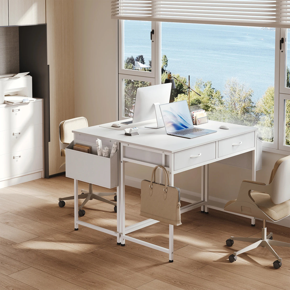 BukkitBow bureau met laden en opbergvakken, stevig metalen frame, werktafel voor thuis en kantoor, inclusief haak voor accessoires