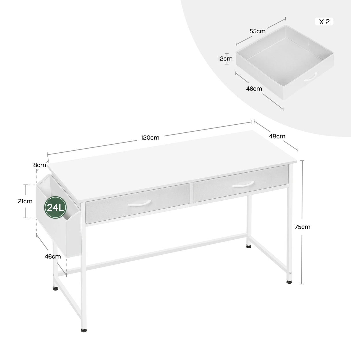 BukkitBow bureau met laden en opbergvakken, stevig metalen frame, geschikt voor thuis en kantoor, werktafel met haak.