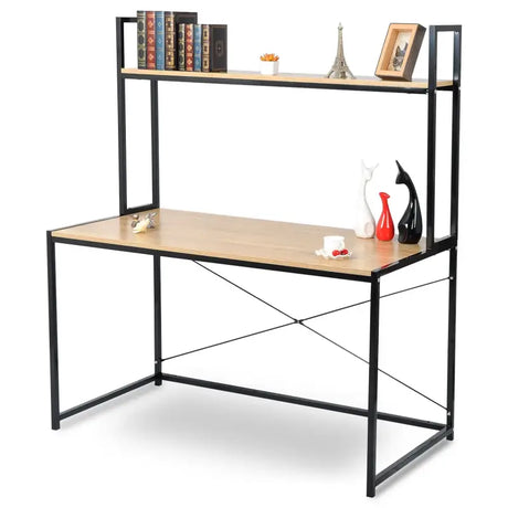 BukkitBow bureau met hout en stalen frame, opbergplank, afmetingen 120x60x140 cm, draagt 50 kg, geschikt voor thuis of kantoor