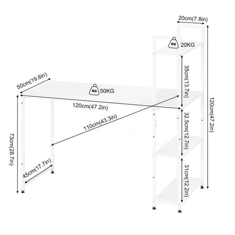BukkitBow bureau met houten en metalen planken, verstelbare zijplank, 120x50x120 cm, draagvermogen 50 kg, modern kantoormeubel