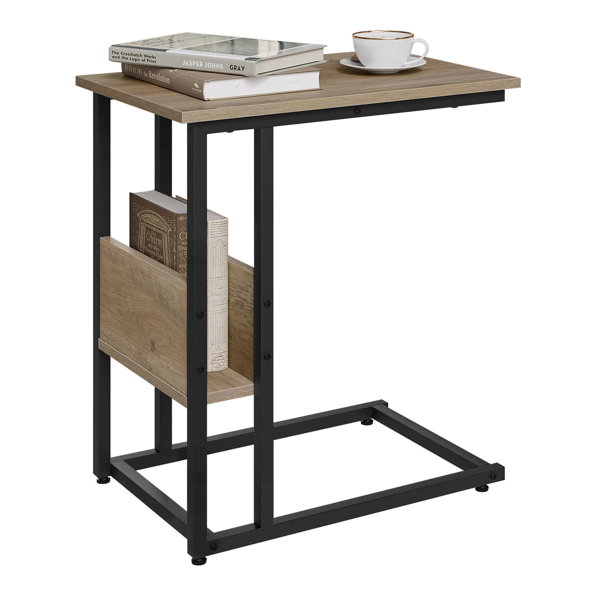 Industriele BukkitBow C-vormige bijzettafel met zijvak van zwart industrieel metaal, perfect als stijlvolle woonkamerbijzettafel.