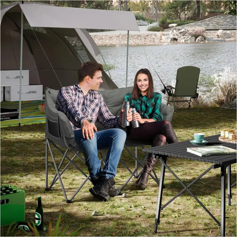 BukkitBow campingstoel voor 2 personen met gevoerde zitting, oxford stof, draagbare opberghoes en 300kg capaciteit.