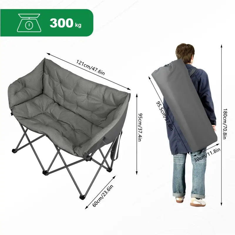 BukkitBow campingstoel bank voor 2 personen met gevoerde zitting, oxford stof, draagbare hoes en 300kg gewichtscapaciteit.